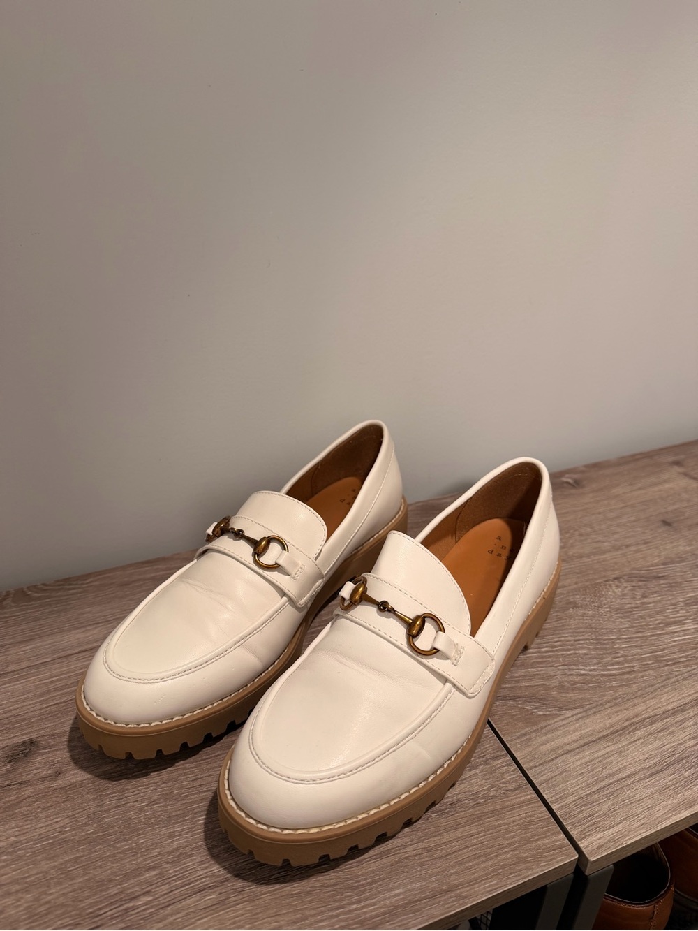 Cream Leather Lug Sole Loafers with Gold Accent